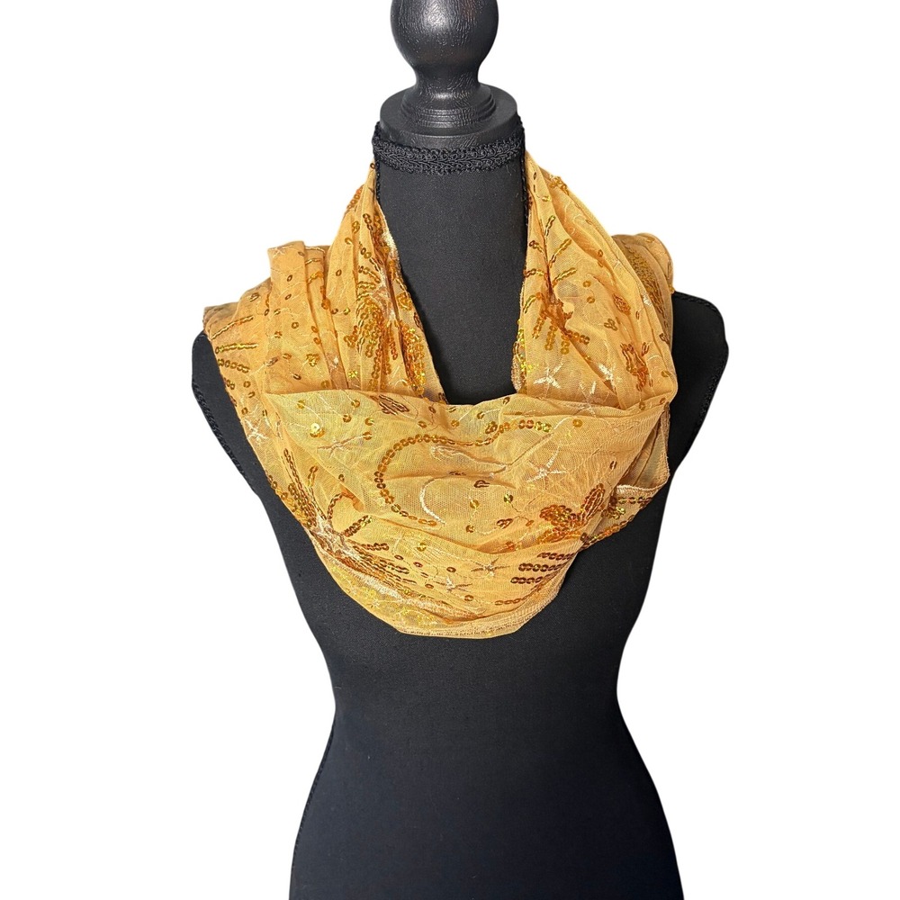 Gold Sequin Celestial Sun Moon Star Sheer Mesh Scarf Yellow Bohemian Wrap Fairy
